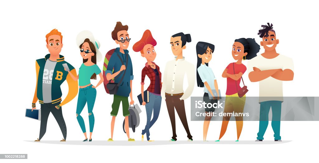 Group Of Charismatic Smiling Young People Standing Together Students  Schoolchildren Young Professionals Collection Cartoon Characters Design For  Your Projects Stock Illustration - Download Image Now - iStock