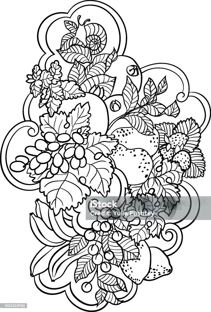 Coloring pages with fruits and abstract waves for children and adult people made in vector ornament style Coloring pages with fruits and abstract waves for children and adult people made in vector ornament style with a lot of elements Abstract stock vector
