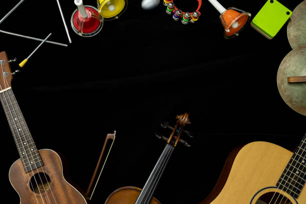 istock Top view of violin guitar and ukulele with percussion instruments on the black background 1002231942