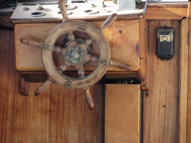 The large wooden steering wheel of the sailing ship Standart moored at the pier in the Lavtian capital Riga in July 2021.