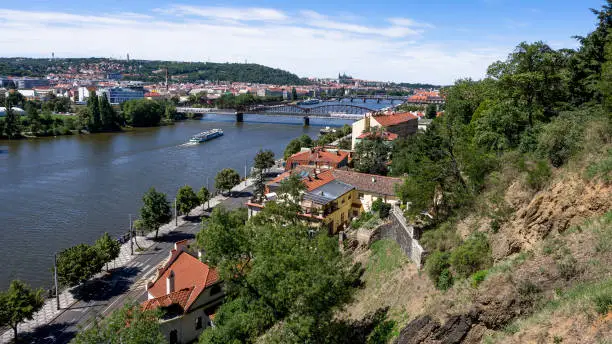 Metal bridge, Charles Bridge and Prague Castle from Vysehrad
