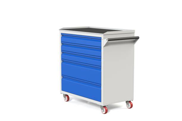 istock Metal tool cabinet-table on wheels with drawers. A convenient place for storing tools and spare parts. Service Garage Tools Box. 3D-model rendering of the table for shooting from above. 1002247212