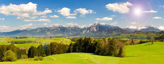 panoramic scene with lake Forggensee and mountain range in region Allgäu in Bavaria