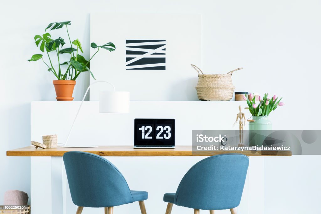 Blue chairs at wooden desk with laptop in white work area with plant and poster. Real photo Office Stock Photo