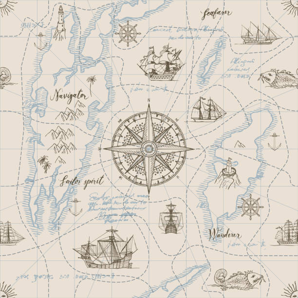 Vector abstract seamless background on the theme of travel, adventure and discovery. Old hand drawn map with vintage sailing yachts, wind rose, routs, nautical symbols and handwritten inscriptions