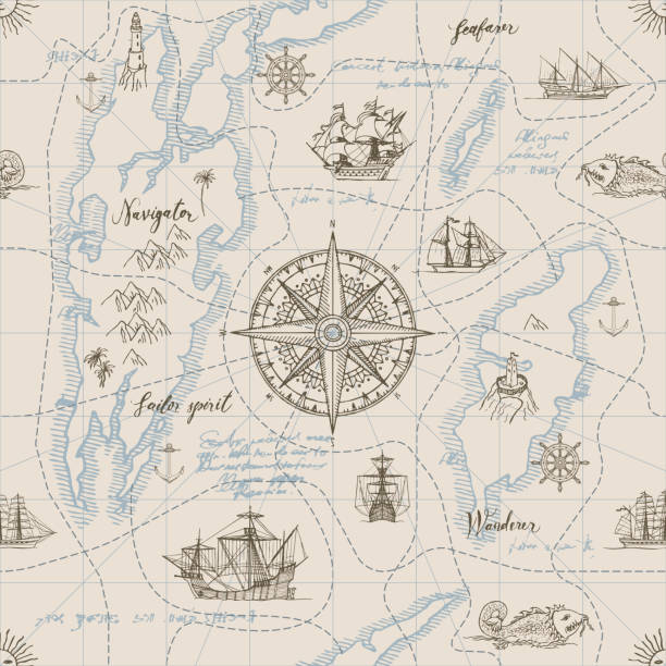 seamless background on the theme of travel Vector abstract seamless background on the theme of travel, adventure and discovery. Old hand drawn map with vintage sailing yachts, wind rose, routs, nautical symbols and handwritten inscriptions pirate map stock illustrations
