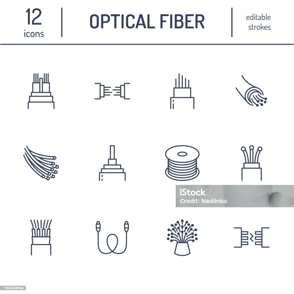 LWL-flache Linie Symbole. Netzwerk-Verbindung, Computer-Kabel, Kabel Spule, Datenübertragung. Dünne Anzeichen für Elektronik-Shop, Internet-Dienste. Editierbare Striche - Lizenzfrei Icon Vektorgrafik