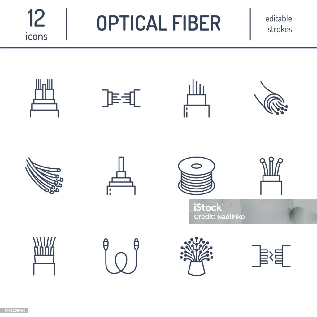 Optical fiber flat line icons. Network connection, computer wire, cable bobbin, data transfer. Thin signs for electronics store, internet services. Editable Strokes Optical fiber flat line icons. Network connection, computer wire, cable bobbin, data transfer. Thin signs for electronics store, internet services. Editable Strokes. Icon Symbol stock vector