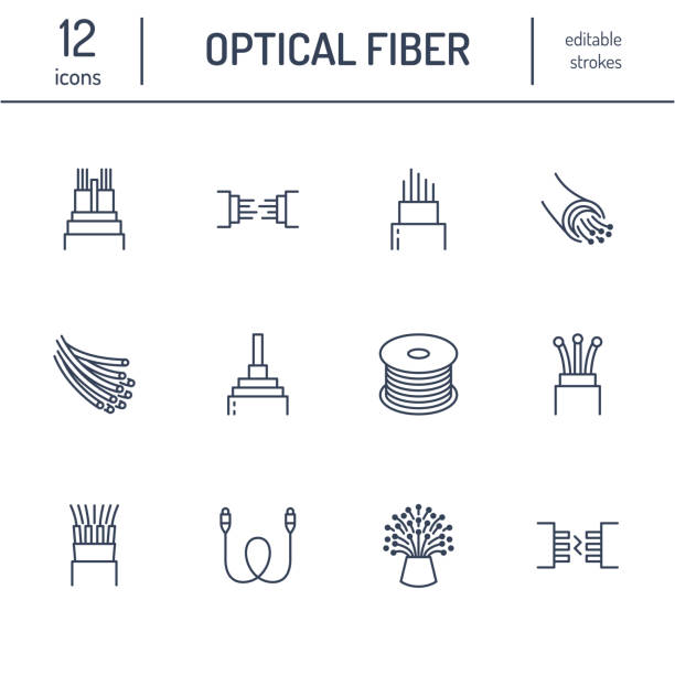 Optical fiber flat line icons. Network connection, computer wire, cable bobbin, data transfer. Thin signs for electronics store, internet services. Editable Strokes Optical fiber flat line icons. Network connection, computer wire, cable bobbin, data transfer. Thin signs for electronics store, internet services. Editable Strokes. fiber optic stock illustrations