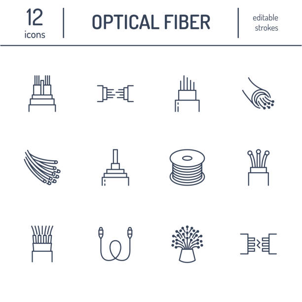 Optical fiber flat line icons. Network connection, computer wire, cable bobbin, data transfer. Thin signs for electronics store, internet services. Editable Strokes Optical fiber flat line icons. Network connection, computer wire, cable bobbin, data transfer. Thin signs for electronics store, internet services. Editable Strokes. fibre optic stock illustrations