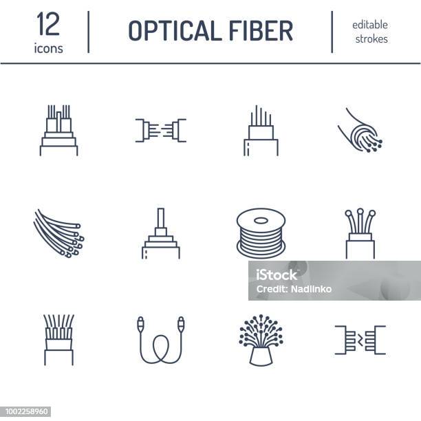 Optical Fiber Flat Line Icons Network Connection Computer Wire Cable Bobbin Data Transfer Thin Signs For Electronics Store Internet Services Editable Strokes Stock Illustration - Download Image Now