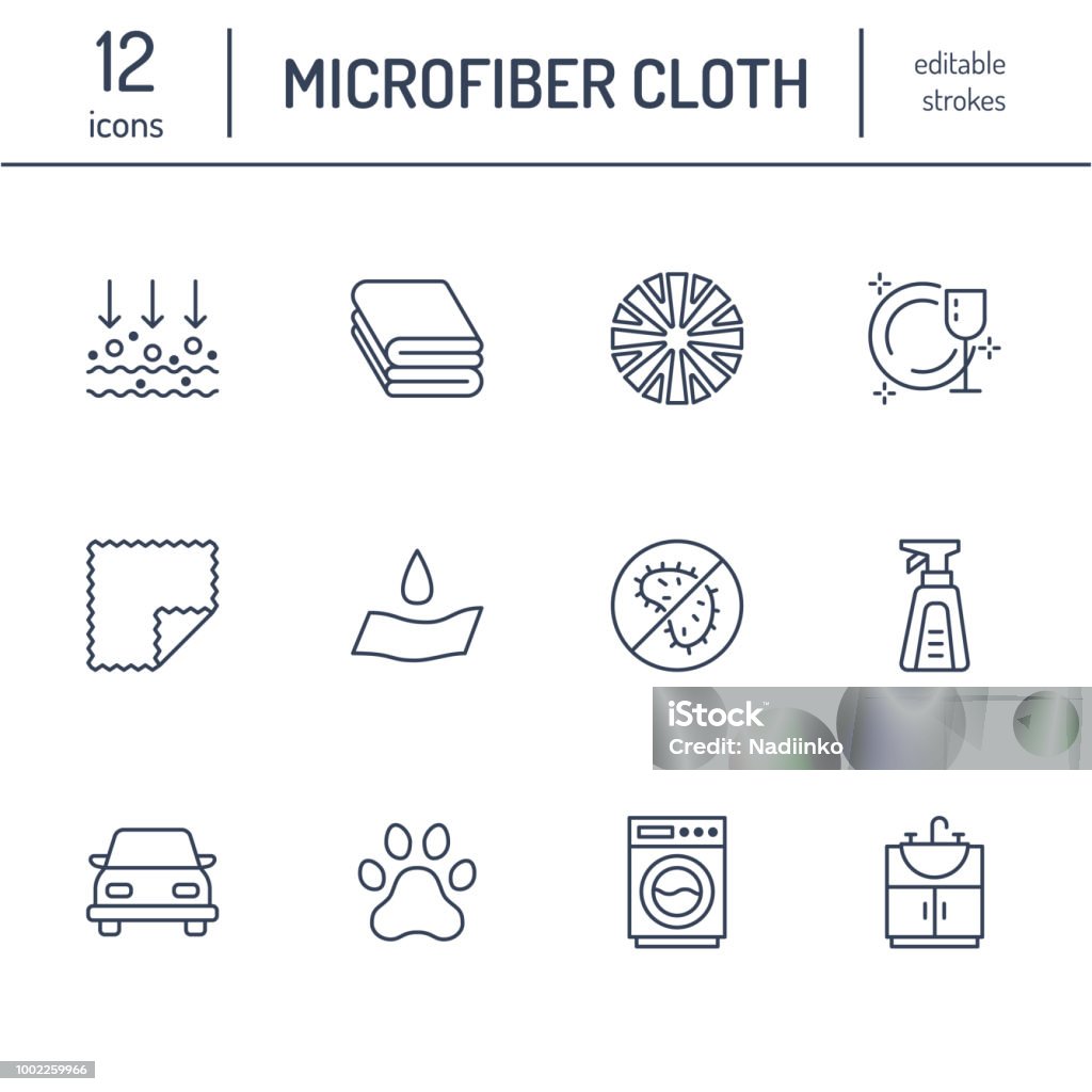 Microfiber cloth properties flat line icons. Absorbing material, dust cleaning, washable, antibacterial, clean detergent illustrations. Thin signs for napkin package. Editable Strokes Microfiber cloth properties flat line icons. Absorbing material, dust cleaning, washable, antibacterial, clean detergent illustrations. Thin signs for napkin package. Editable Strokes. Icon Symbol stock vector