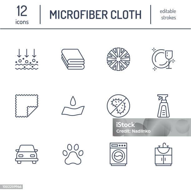 Microfiber Cloth Properties Flat Line Icons Absorbing Material Dust Cleaning Washable Antibacterial Clean Detergent Illustrations Thin Signs For Napkin Package Editable Strokes Stock Illustration - Download Image Now