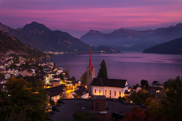 Sunset in Weggis Switzerland stock photo