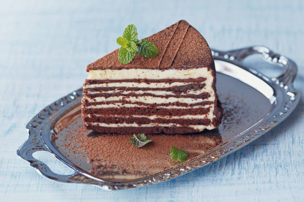 istock Slice of delicious chocolate cake on silver plate 1002263264