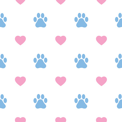 Vector seamless pattern of light blue paw prints and pink hearts on a white background.
