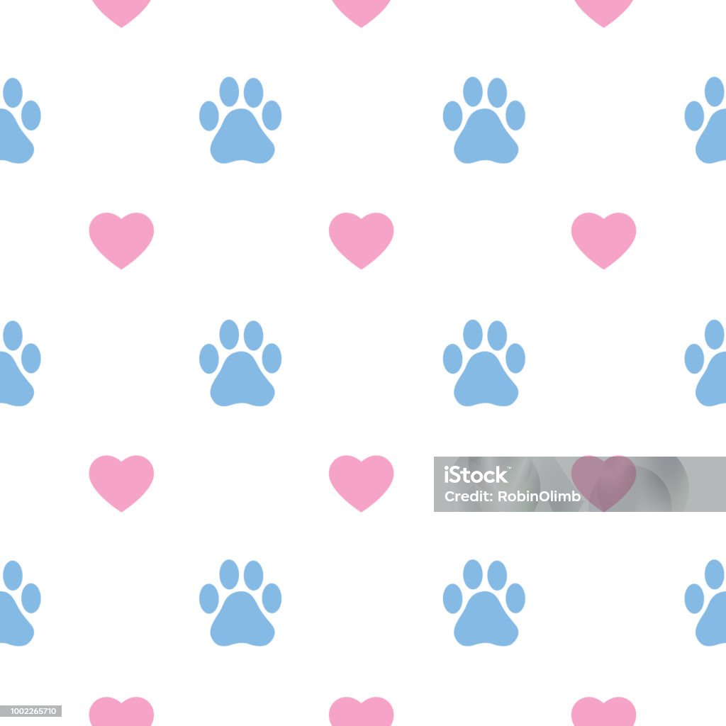 Paw Prints And Hearts Seamless Pattern Vector seamless pattern of light blue paw prints and pink hearts on a white background. Dog stock vector