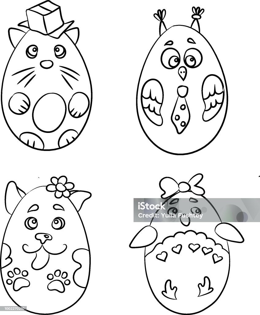 Set with 4 cute animals in a shape of Easter Eggs for coloring pages. There are cat, penguin, dog and owl. Set with 4 cute animals in a shape of Easter Eggs for coloring pages. There are a cat with a box, a penguin with a bow,a  dog with a flower and an owl with a tie. Abstract stock vector