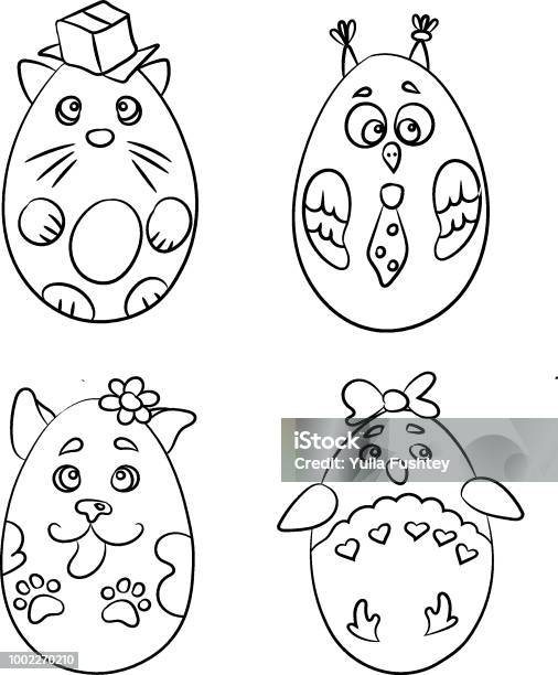 Set With 4 Cute Animals In A Shape Of Easter Eggs For Coloring Pages There Are Cat Penguin Dog And Owl Stock Illustration - Download Image Now