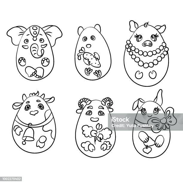 Set With 6 Animals In A Shape Of Eggs It Is A Coloring Pages With Cute Animals And A Lot Of Elements There Are An Elephant A Hamster A Pig A Cow A Lamb And A Rabbit Stock Illustration - Download Image Now