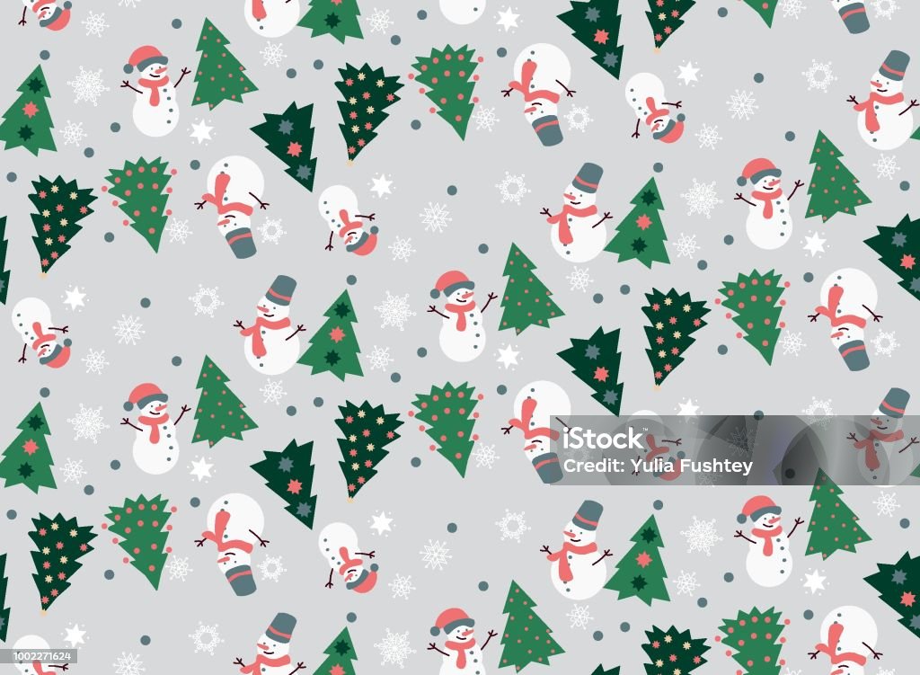 Christmas Seamless Pattern Christmas seamless pattern with snowflakes, snowman and spruce Snowman stock vector