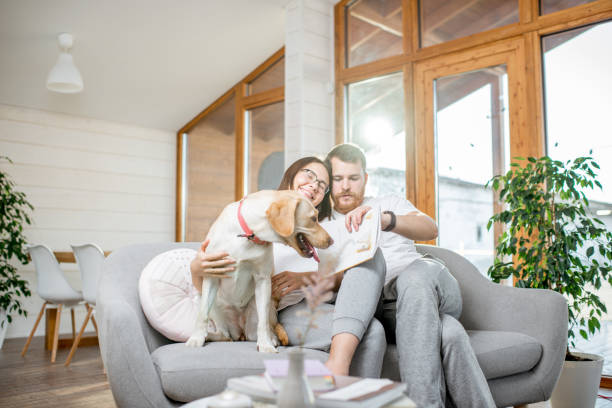 istock Couple with dog on the couch at home 1002276672