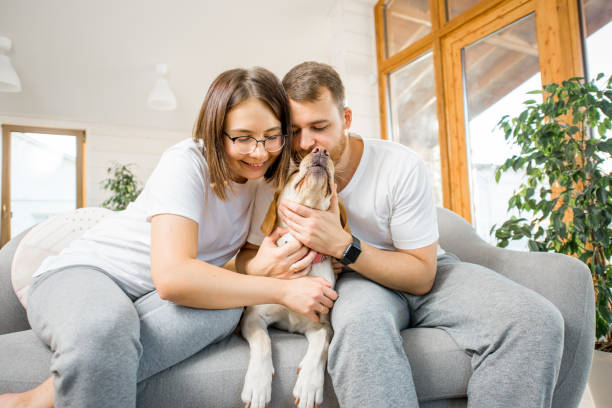 istock Couple with dog on the couch at home 1002279102