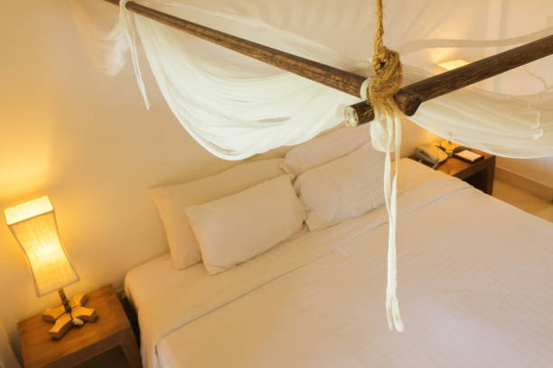 istock Net prevents mosquito covers bed in white room 1002279372