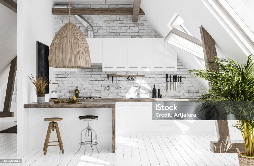 Modern kitchen in attic, Scandi-boho style Modern kitchen in attic, Scandi-boho style, 3d render Kitchen Stock Photo