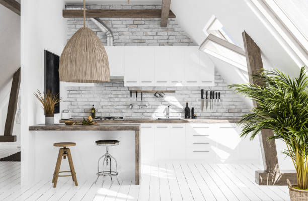 Modern kitchen in attic, Scandi-boho style Modern kitchen in attic, Scandi-boho style, 3d render scandinavian culture stock pictures, royalty-free photos & images