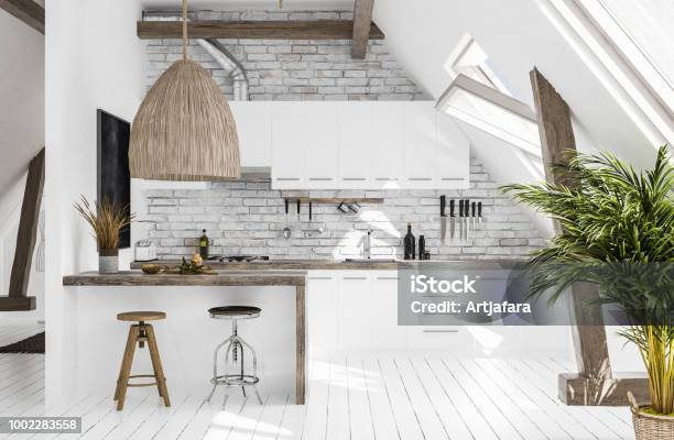 Modern Kitchen In Attic Scandiboho Style Stock Photo - Download Image Now - Kitchen, Boho, Scandinavian Culture