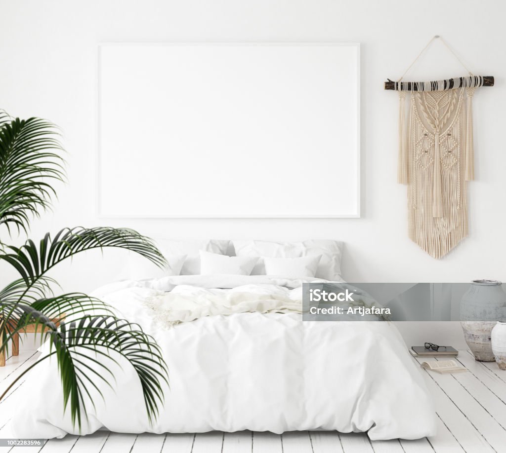 Mock-up poster frame in bedroom, Scandinavian style Mock-up poster frame in bedroom, Scandinavian style, 3d render Bedroom Stock Photo