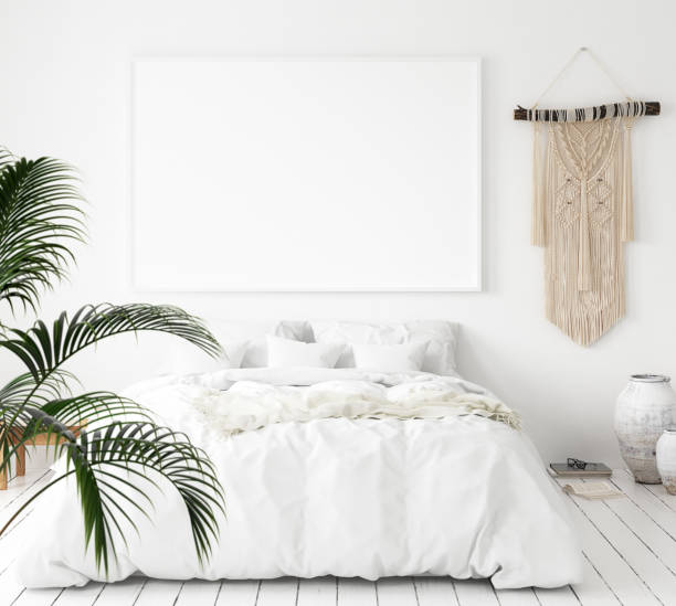 Mock-up poster frame in bedroom, Scandinavian style Mock-up poster frame in bedroom, Scandinavian style, 3d render double bed photos stock pictures, royalty-free photos & images