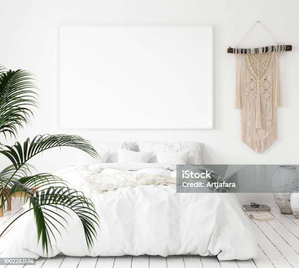 Mockup Poster Frame In Bedroom Scandinavian Style Stock Photo - Download Image Now