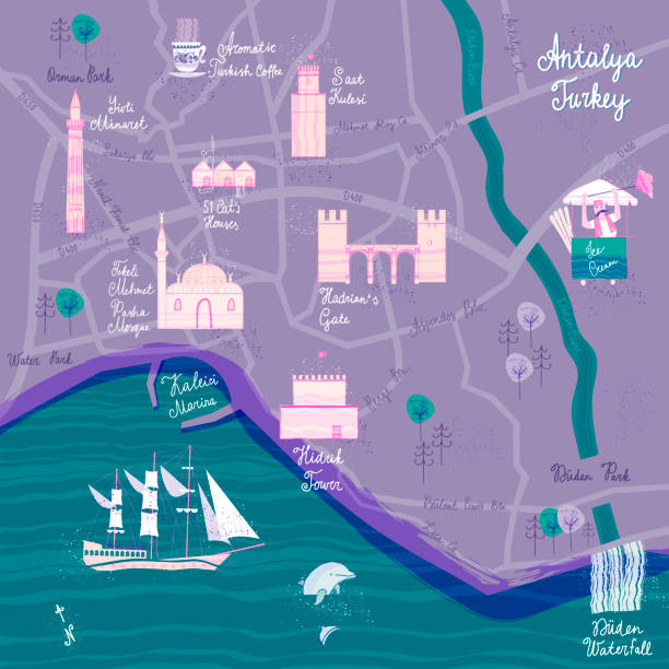 istock Hand drawn Antalya cartoon map. Postcard concept with the most interesting places for visit. 1002285210
