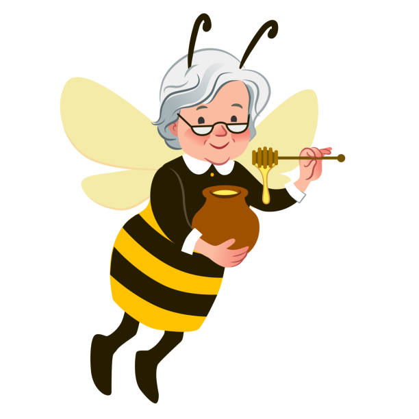 Cute smiling human-like grandma bee holding honey pot and dipper, contemporary flat style. Healthy natural organic honey, beekeeping, bee farming, dessert theme. Elderly woman dressed up as honey bee. Cute smiling human-like grandma bee holding honey pot and dipper, contemporary flat style. Healthy natural organic honey, beekeeping, bee farming, dessert theme. Elderly woman dressed up as honey bee. bee costume stock illustrations