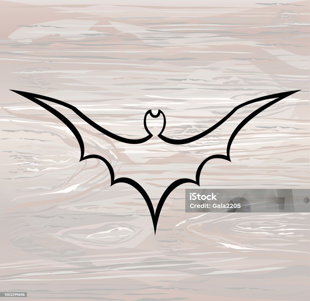 Halloween. The black contour of the bat is flying. Linocut Silhouette. Vector illustration on wooden background. Symbol stock vector