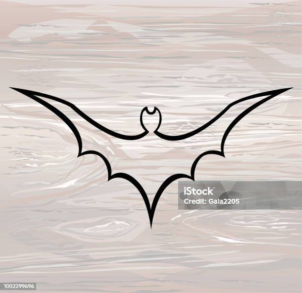 Halloween The Black Contour Of The Bat Is Flying Linocut Silhouette Vector Illustration On Wooden Background Stock Illustration - Download Image Now