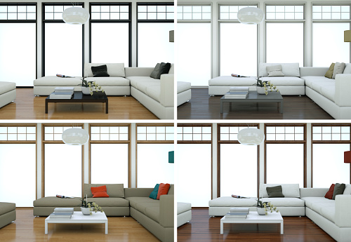 Four color variations of modern interior loft design 3d Illustration