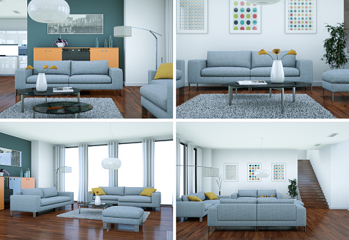 Four views of modern interior loft design 3d Illustration