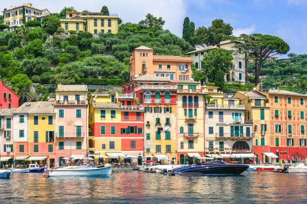 PORTOFINO, ITALY - MAY 24, 2018: View of Portofino, an Italian fishing village, Genoa province, Italy. A vacation resort with celebrity and artistic visitors.