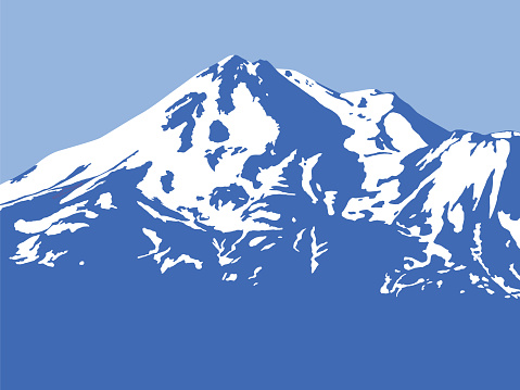 Vector illustration of a blue mountain with snow on it against a light blue sky.