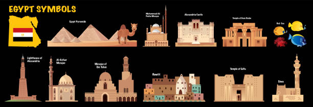 EGYPT SYMBOLS Cartoon map of Egypt pyramid of mycerinus stock illustrations