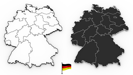 3D model of Germany with national borders and regions with flag pole