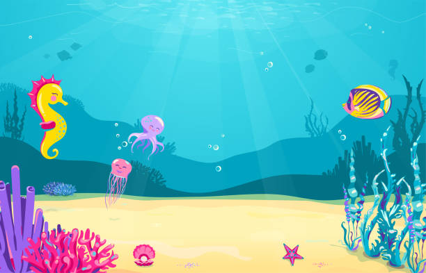 подводный мультяшный фон с рыбой, песком, водорослями, жемчугом, медузами, кораллами, морскими звездами, осьминогом, морским конем. океан мо� - starfish underwater sea fish stock illustrations