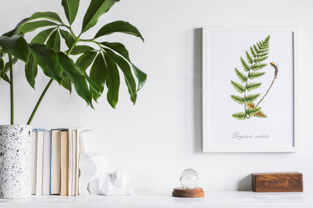 istock Creative cupboard with mock up poster frame, cat figure, tropical leaf, accessories and plant. White wall background. Modern scandinavian interior. 1002339784