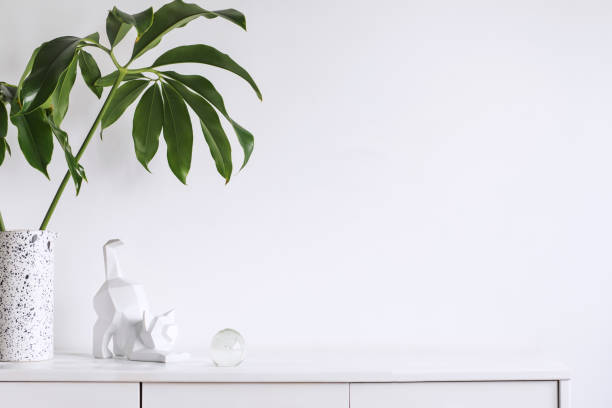 istock Minimalistic concept of white home interior whit copy space, tropical leaf and cat figures. Scandinavian white cupboard concept. 1002339856