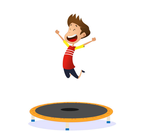 Happy preschool kid jumping on trampoline vector art illustration