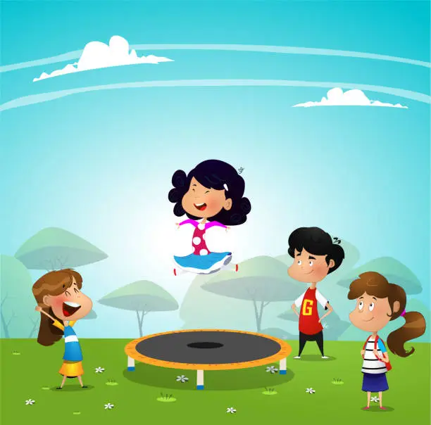 Vector illustration of Cartoon little kid playing trampoline in the park.