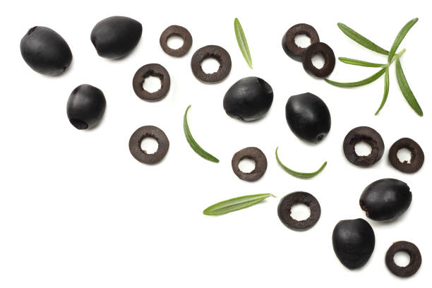 istock Marinated black olives with rosemary isolated on white background. top view 1002358970